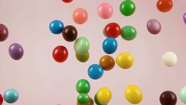 Cinematic 4K macro top view footage of colorful candies falling super slow motion onto pink background emphasizing texture motion playful aesthetics food confectionery lifestyle stock 
