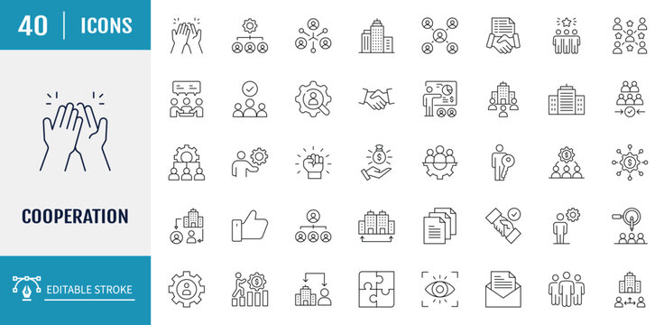 Cooperation icon set. Includes Cooperation, Collaboration, Teamwork, Partnership, Alliance, Joint Effort, Synergy and more. Vector illustration with editable strokes
