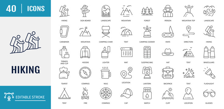 Hiking icons set. Includes Hiking, adventure, outdoor, mountain, nature, camping and more. Vector illustration with editable strokes