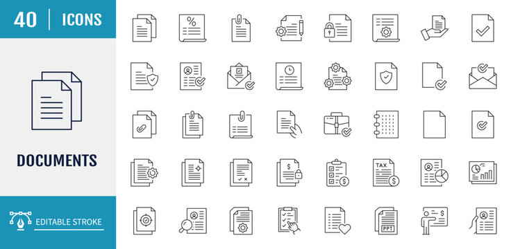 Document Icons set. Includes paper, document, archive, folder, legal document, clipboard, mail, and more. Vector illustration with editable strokes
