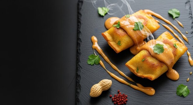 Traditional Ecuadorian Llapingachos Potato Patties with Peanut Sauce and Large Left Copy Space on Black Slate