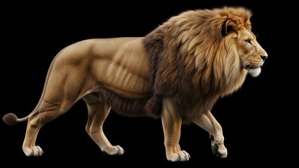 Majestic feline predator, a solitary lion strides powerfully across a stark black backdrop with