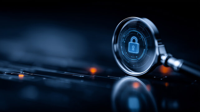 Magnifying glass inspecting padlock interface representing cybersecurity audit, vulnerability assessment and data protection.
