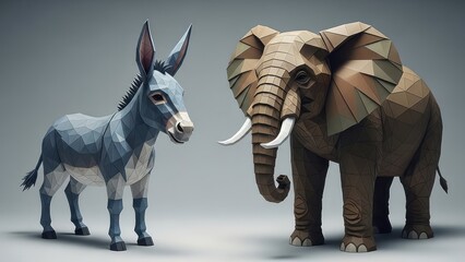 Stylized depiction of a donkey and elephant pair rendered with a geometric low-poly aesthetic