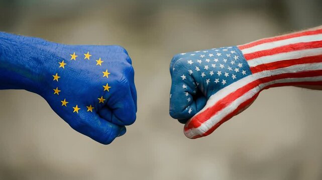 Conflict between USA and Europe, male fists - governments conflict concept