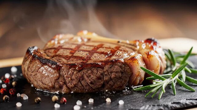 Juicy grilled steak with fresh herbs and seasoning on dark slate background Detailed view of cooked meat with steam rising and