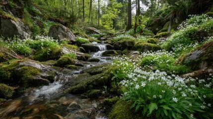 Obraz premium A peaceful stream meanders through a vibrant forest surrounded by delicate white flowers and green moss.