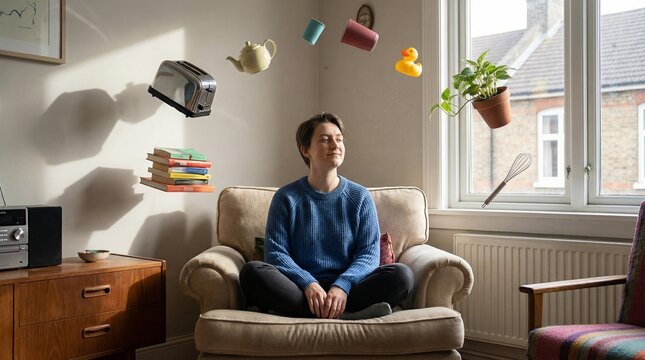 Woman Meditating Amidst Floating Household Objects in a Surreal Home Scene