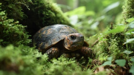 A tortoise slowly emerges from mossy ground in a dense forest surrounded by rich green plants.