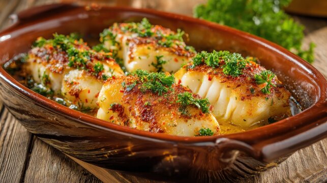 Savory baked cod garnished with fresh herbs sits in a brown dish on a rustic table.