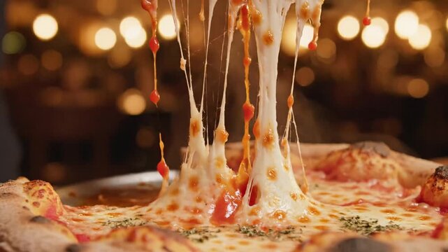 Deliciously Cheesy Pizza Melting with Gooey Toppings as Warm Basil Flavors Spread