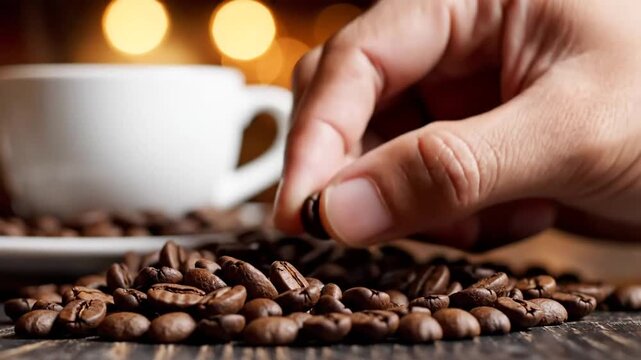Close-up sequence of hand picking roasted coffee beans with a white cup in the background showcasing coffee beans on a rustic