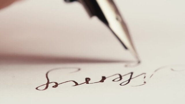 Fountain pen write letter, document sign on an antique handwritten letter. Vintage nib pen and handwritten english cursive style font copperplate, spencerian. Old history background. Retro style.