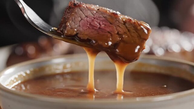 Succulent beef being cooked and dipped in rich gravy in fast-paced culinary process with close-up views