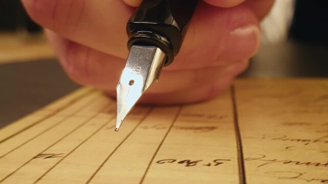 Fountain pen write letter, document sign on an antique handwritten letter. Vintage nib pen and handwritten english cursive style font copperplate, spencerian. Old history background. Retro style.