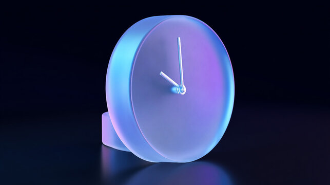 Frosted glass clock with vibrant purple and blue lighting on a dark background, ideal for tech concept, modern design, or time management visuals.