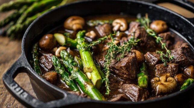 Hearty beef stew simmers with tender asparagus and mushrooms in a cast iron pot on a wooden table.