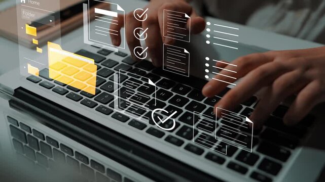 Digital workspace with hands typing on laptop, abstract icons representing productivity, technology, and data management in modern office environment Gluon.