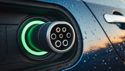 Fototapeta premium Close-up of Electric Car Charging Connector with Green Light