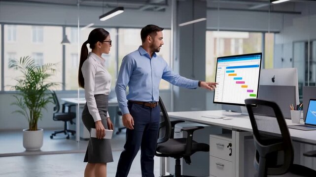 Diverse corporate team collaborating in a modern office while analyzing colorful financial data charts and business strategy on a large computer screen