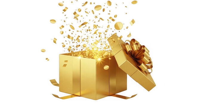Luxury Golden Gift Box Opening with Floating Confetti and Sparkling Particles &ndash; 3D Render Isolated on Transparent Background