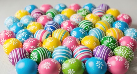 Fototapeta premium Large collection of colorful, patterned Easter eggs arranged in neat rows on a white surface.