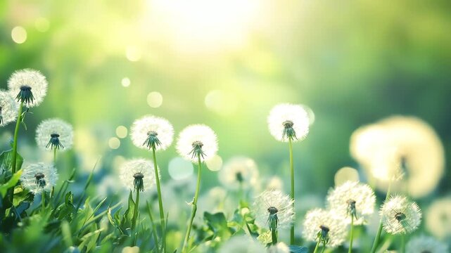 Close up of dandelion seeds blowing in a green field with sunlight
