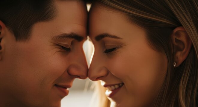Intimate close-up of a happy couple pressing noses together, sharing a moment of love and tender connection with soft lighting.