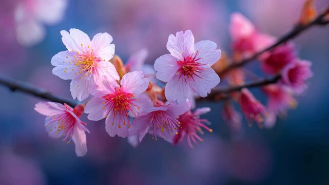 Close up of delicate pink cherry blossoms blooming on a branch