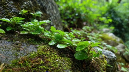 Fresh green plants grow abundantly on damp moss covered rocks in a peaceful forest.