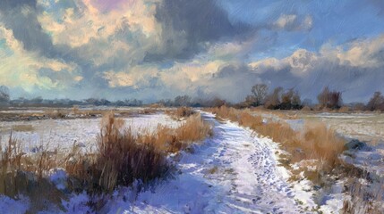 Fototapeta premium Snow covered pathway leads through tall grasses under a vibrant cloudy sky in winter.