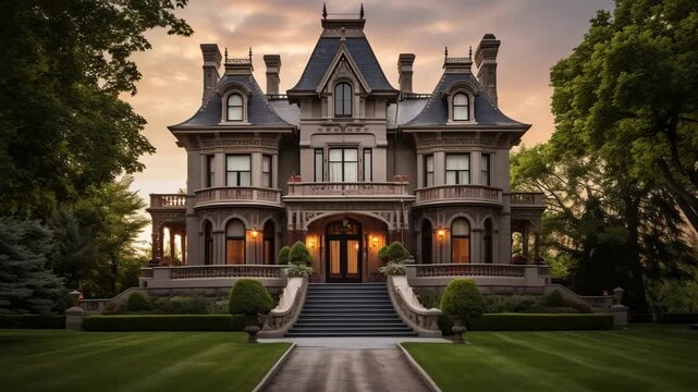 Grand Victorian Mansion at Dusk with Illuminated Entrance and Manicured Gardens