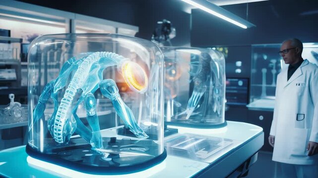 Scientist in Futuristic Lab Observing Biomechanical Organisms in Glowing Chambers