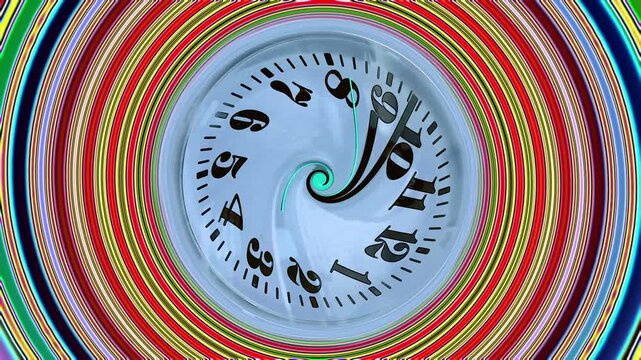 A clock warping in a circular motion and shifting color hues against a circular hypnotic colorful background.