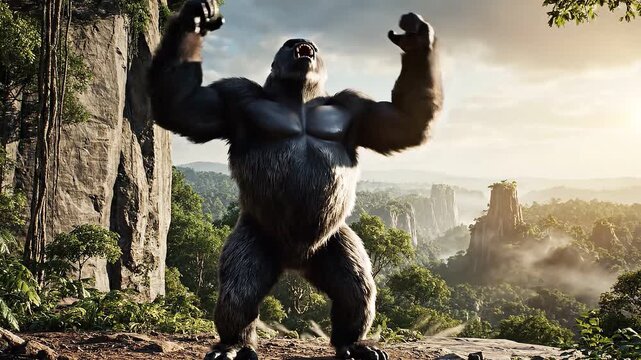 powerful giant gorilla standing on a rocky cliff roaring in a lush tropical jungle wilderness during a bright sunny morning with misty mountain views