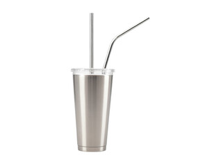 A stainless steel cup with a straw, perfect for hot or cold beverages