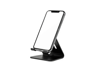 A cell phone placed on a stand, suitable for use in various settings such as offices, homes, or public spaces