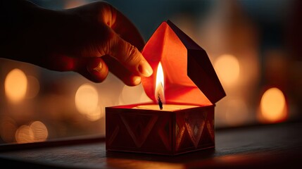Hand Opening Artistic Box with Flickering Candle Flame Emitting Warm Light in a Cozy Setting