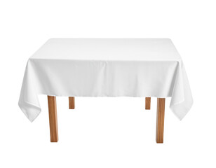 A formal table setting with a white tablecloth and utensils