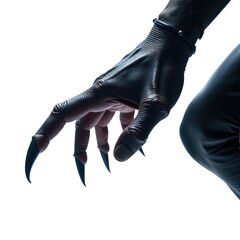 A close-up shot of a person's hand transformed into a clawed creature, suitable for fantasy or sci-fi illustrations