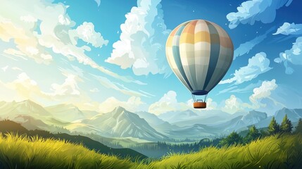 Fototapeta premium A colorful hot air balloon floats serenely over a lush green landscape with rolling hills and mountains under a bright blue sky with fluffy clouds.