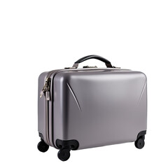 A suitcase sits on its wheels on a white background
