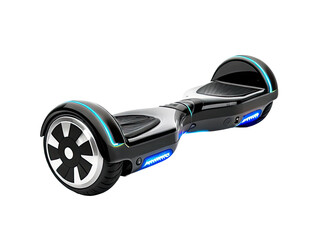 A close-up shot of a black hoverboard with blue wheels on a white background