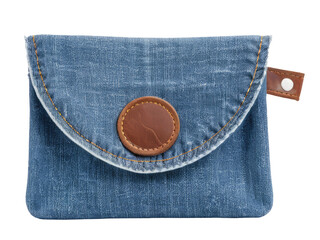 A denim pouch featuring a leather button closure