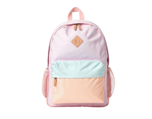 A colorful backpack with a geometric pattern of pink, blue, and green blocks