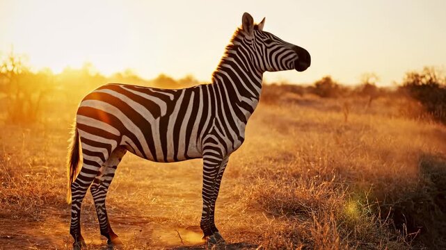 black white animal. A solitary zebra stands gracefully against a golden sunset, its striking black-and-white stripes contrasting with the warm hues of the savanna landscape