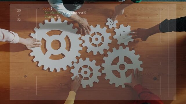 A diverse group of individuals collaborates on a project using paper gears for visualization. The scene captures teamwork, creativity, and planning amidst coding elements. Raster