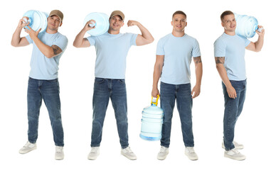 Fototapeta premium Delivery worker with water cooler bottle. Collage of portraits on white background