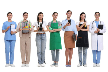 Fototapeta premium Choice of profession. Same woman representing different occupations. Collage of portraits on white background