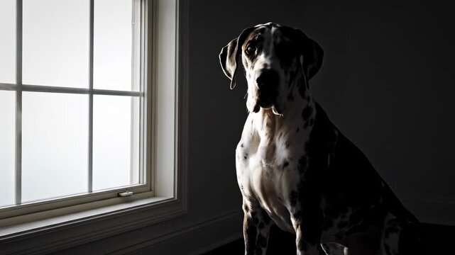 black white animal. A Great Dane sits quietly in a dimly lit room, gazing out of a large window, with soft light illuminating its profile against the dark background